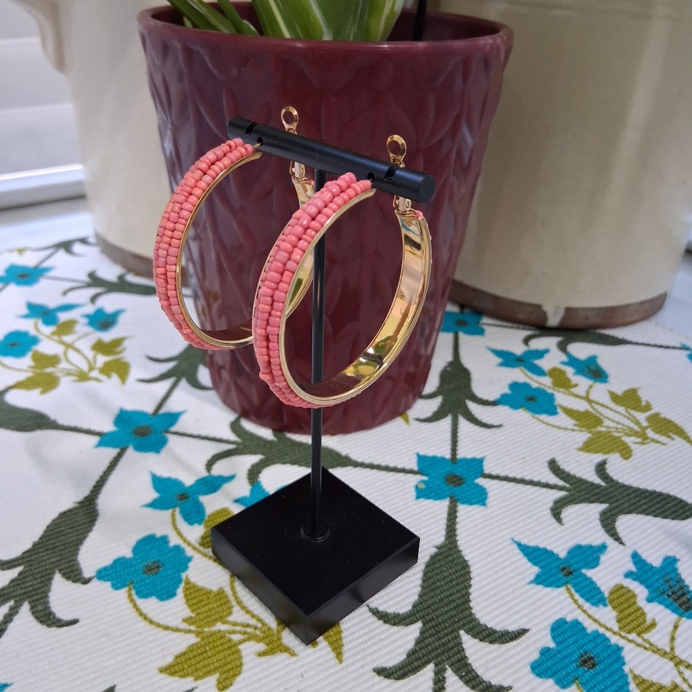 Beaded Hoop Boho Pink Cute Gold Clip Earrings